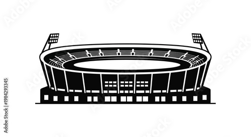 Black and white illustration of a large outdoor sports stadium