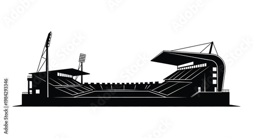 Minimalist black silhouette of a large sports stadium with floodlights