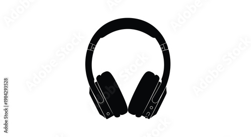 Minimalist silhouette of black over ear headphones against a white background