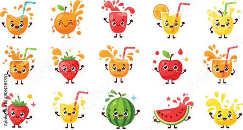 Cute Kawaii Fruit and Juice Glass Character Collection with Happy Faces Orange Strawberry Watermelon Vector Illustration SetCute Kawaii Fruit and Juice Glass Character Collection with Happy 