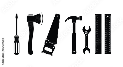A collection of various hand tools including a screwdriver axe saw hammer wrench and rulers presented as a silhouette high quality professional detailed modern