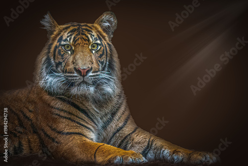Majestic Tiger Portrait Intense Gaze with Dramatic Lighting with copy space