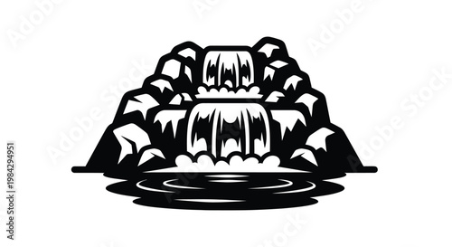 A striking black and white illustration showcases a powerful waterfall cascading down rocky cliffs into a calm pool presented as a silhouette high quality