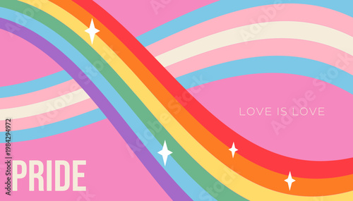 Queer Pride background with Transgender and Rainbow ribbons. Y2K aesthetic LGBTQIA banner with Love is Love slogan and sparkles for trans inclusive marketing and social media headers. Vector.