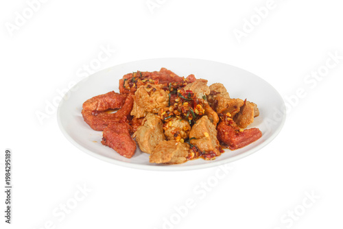 Indonesian Spicy Fried Meatball and Sausage Snack with Chili Flakes