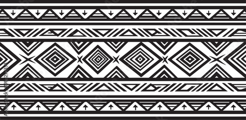 Tribal, geometric patterns, black and white borders, vector designs, ethnic motifs