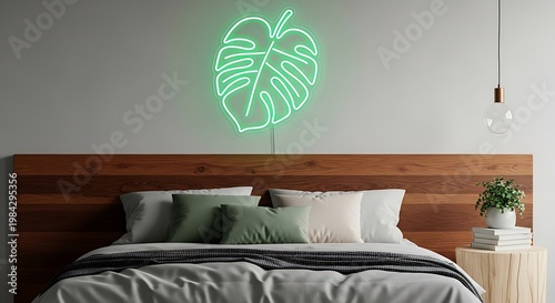 Modern bedroom with monstera leaf neon sign and wooden headboard.