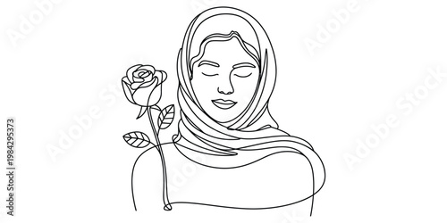 Continuous line drawing of a woman in a hijab holding a rose