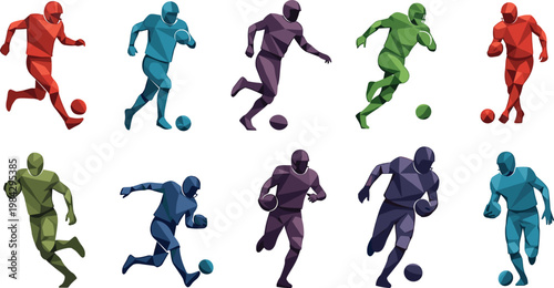 Colorful Soccer Football Player Silhouette Collection with Dynamic Dribbling and Kicking Poses Sport Vector Illustration SetColorful Soccer Football Player Silhouette Collection with Dynamic 