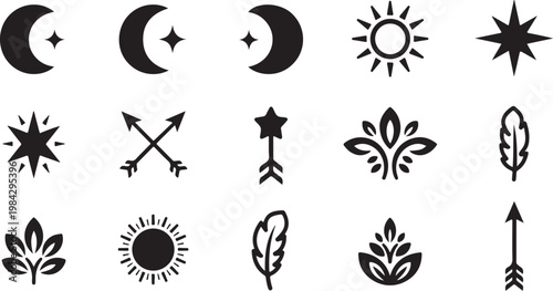 Boho celestial icons, moon phase symbols, sun and star vector set, black bohemian motifs