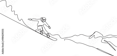 Continuous one line drawing of a person snowboarding down a hill, symbolizing adventure, speed, and excitement.one line drawing vector illustration