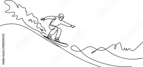 Continuous one line drawing of a person snowboarding down a hill, symbolizing adventure, speed, and excitement.one line drawing vector illustration