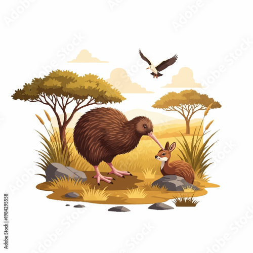 Vector illustration of a large brown kiwi bird standing next to a small wallaby in a savanna landscape with acacia trees, rocks, and a bird flying in a cloudy sky on white background.