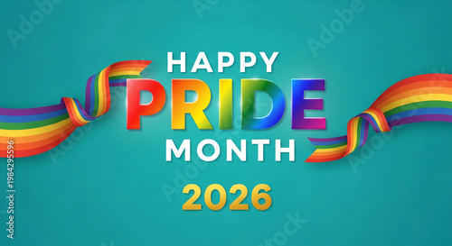 Colorful display with text Happy Pride Month 2026 and vibrant rainbow ribbons, representing LGBTQ+ pride and celebration on a blue background