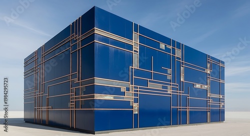 Modern Blue Building with Geometric Gold Accents on Clear Day.