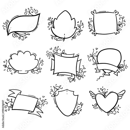 Hand Drawn Decorative Frames and Banners Set Black and White Vector