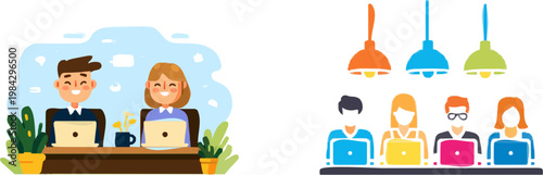 In this virtual workspace, two avatars enjoy a serene meeting at floating desks amidst a tranquil metaverse environment, surrounded by vibrant plants and a muted lavender backdrop