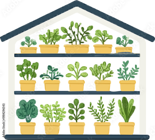 A flat vector illustration depicts a vertical farm inside an urban setting, showcasing a neatly organized arrangement of potted plants on shelves within a refurbished warehouse building, emphasizing