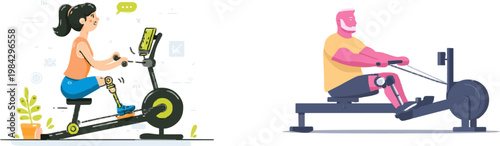 A person using a prosthetic leg is exercising on a rowing machine in an inclusive fitness center with vibrant coral and navy blue decor