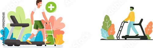 A man uses a treadmill while holding a walker, symbolizing inclusive access to gym facilities for individuals with mobility aids