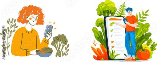 A person with vibrant orange hair uses a smartphone to track the carbon footprint of their meal, surrounded by fresh vegetables in a muted red and green color palette