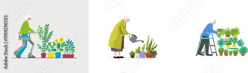 An elderly man with a silver beard uses a lightweight exoskeleton to tend vibrant plants in a minimalist garden scene, symbolizing the silver economys focus on active aging and sustainable living