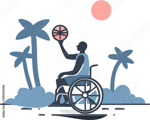 A person in a wheelchair plays basketball amidst palm trees under a vibrant sun, symbolizing inclusive sports and accessibility