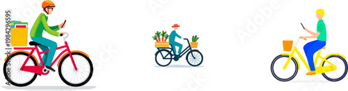 A person in a green jacket and blue pants rides a red cargo bike with an orange helmet while using a smartphone app to rent it for groceries, highlighting the concept of shared mobility in a clean,