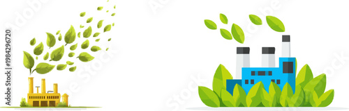 A minimalist 2D carbon-neutral factory emits a stream of stylized geometric leaves in vibrant emerald green, symbolizing its commitment to ESG principles through sustainable practices