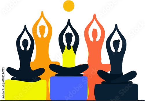 A minimalist 2D art piece depicts a diverse group of adaptive yoga participants in various poses on vibrant blocks, set against a muted colorful palette with no shadows, embodying an inclusive
