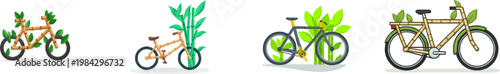A minimalist 2D illustration of a bamboo bicycle adorned with green leaf accents, embodying sustainable materials and design principles