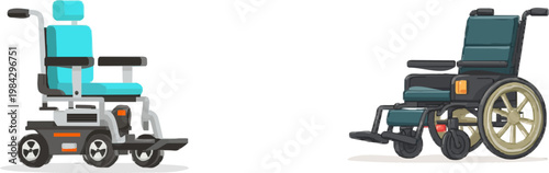 A minimalist 2D illustration of an electric wheelchair with a futuristic sleek design in muted silver and teal, featuring clean lines and no shadows