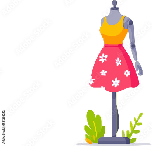 A minimalist 2D illustration of a generic inclusive fashion mannequin with a prosthetic limb stands on a small base, adorned in a vibrant yellow top and pink skirt with white floral patterns, set