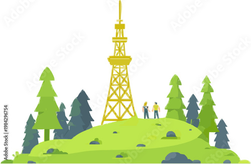 A minimalist 2D art piece depicts a satellite mapping tower atop a grassy hill, surrounded by lush trees, showcasing ESG technologys role in reforestation progress on a hilly terrain