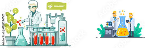 In this minimalist 2D illustration, a scientist meticulously monitors lab-grown meat in a glass vessel, surrounded by an array of test tubes filled with vibrant red solutions, all set against a