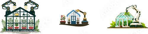A minimalist 2D art of a generic smart greenhouse with robotic arms misting plants in muted teal and emerald green hues