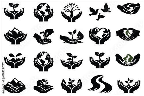 Collection of black and white hand icons symbolizing nature and care