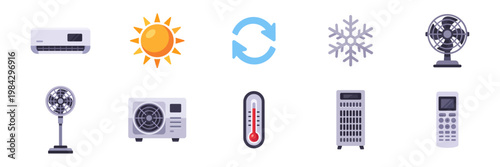 Set of climate control home appliance icons, heating cooling ventilation symbols, colorful collection with illustrations