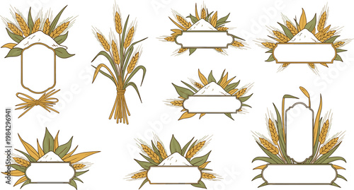 Wheat and Corn Harvest Label Frame Collection with Golden Grain Sheaves Rustic Farm Packaging Vector Illustration SetWheat and Corn Harvest Label 