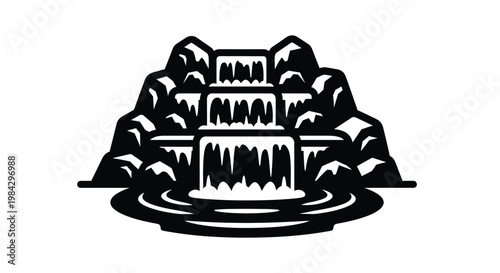 A striking black and white image showcases a tiered waterfall cascading down rocky terrain into a serene pool presented as a silhouette high quality