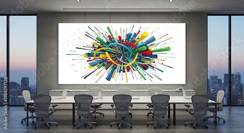 Modern Conference Room with Abstract Art and City View.