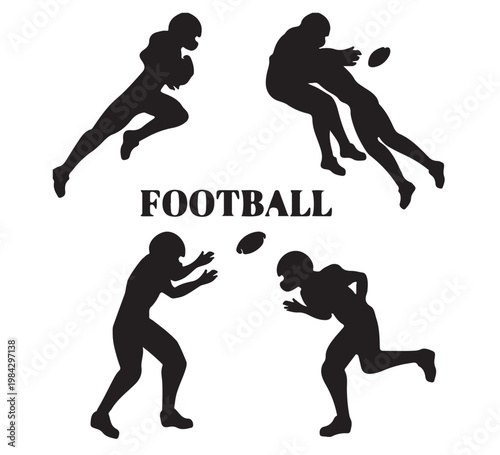 Silhouette illustrations of American football players in action, showcasing dynamic poses of offense and defense in a sporty, athletic theme, perfect for sports graphics