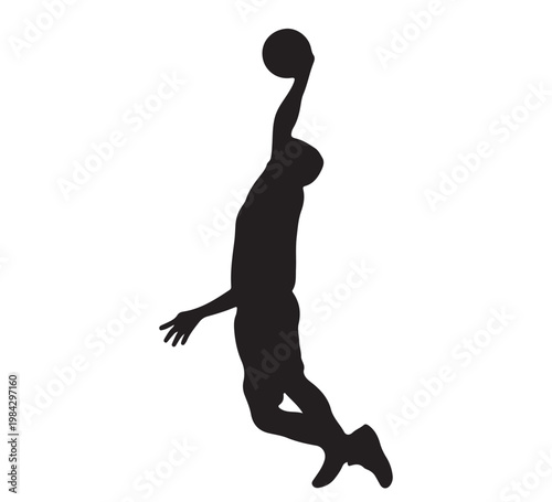 Silhouette of a basketball player jumping to slam dunk the ball, athletic action shot
