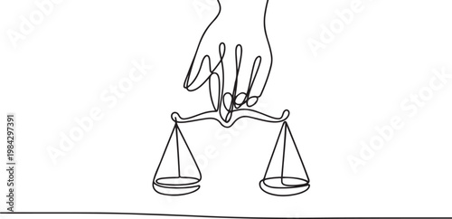 Continuous one line of a balance scale held by a hand, law and justice art.one line drawing vector illustration