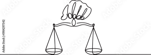 Continuous one line of a balance scale held by a hand, law and justice art.one line drawing vector illustration