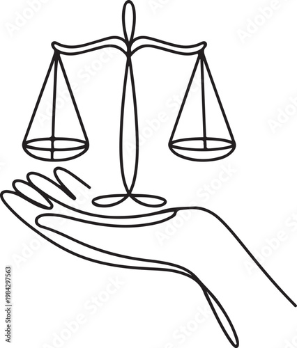 Konstfotografi Continuous one line of a balance scale held by a hand, law and justice art