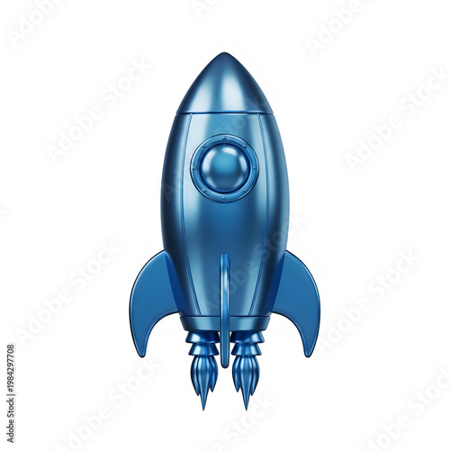 A sleek blue rocket with a smiling face on the nose cone