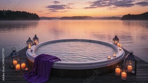 Relaxing hot tub by the lake at sunset with candles and blanket  