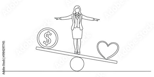 Businesswoman balancing between money and love on a seesaw