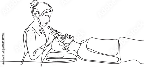 Continuous one line of a beauty therapist applying a face mask to a client, symbolizing spa treatments.one line drawing vector illustration